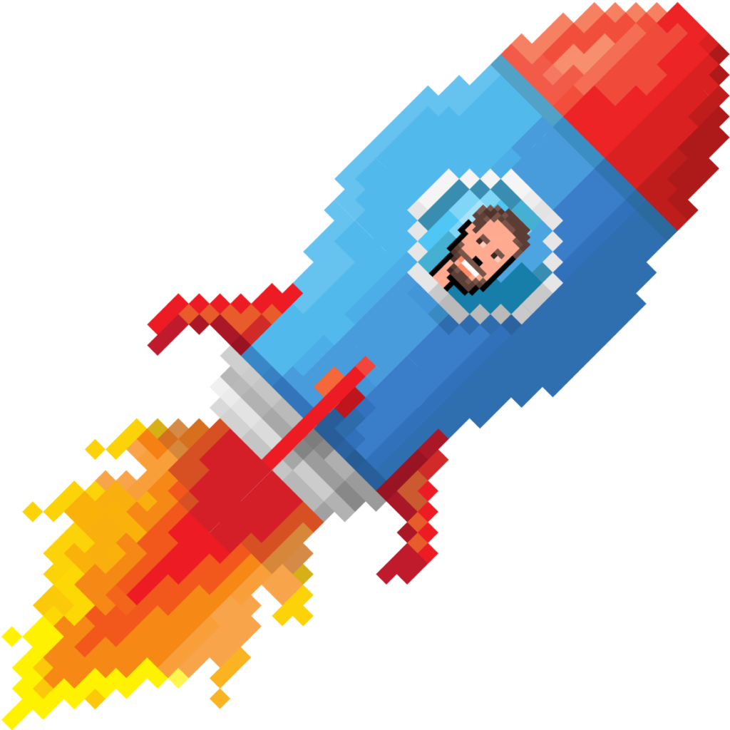 A pixelated rocket ship with a person looking out through the window